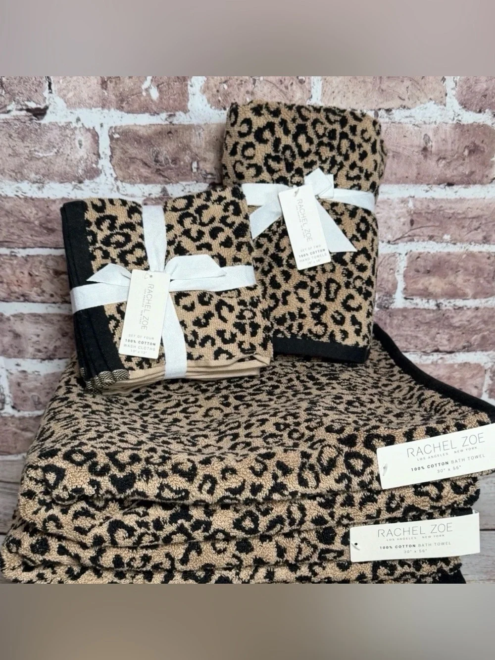 Rachel Zoe 100% Cotton cheetah print bath towel bundle bath, hand, washcloth NEW